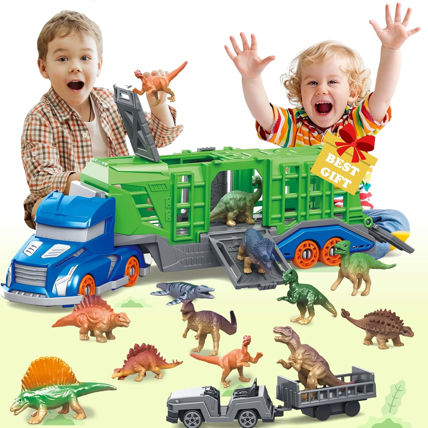 Kids Toys 3 Year Old - 恐竜をテーマにした動物輸送車両のおもちゃセットには、輸送車両1台、恐竜または動物のおもちゃ12個、小型の輸送車両2台が含まれています。 この輸送車両は、回転式のキャビンと、開閉可能な4つのドアを備えています。 3歳以上のお子様向けで、想像力を刺激し、実践的なスキルを育むのに適しています。 クリスマス、ハロウィン、感謝祭、誕生日など、どんなお祝いのプレゼントにも最適です。
