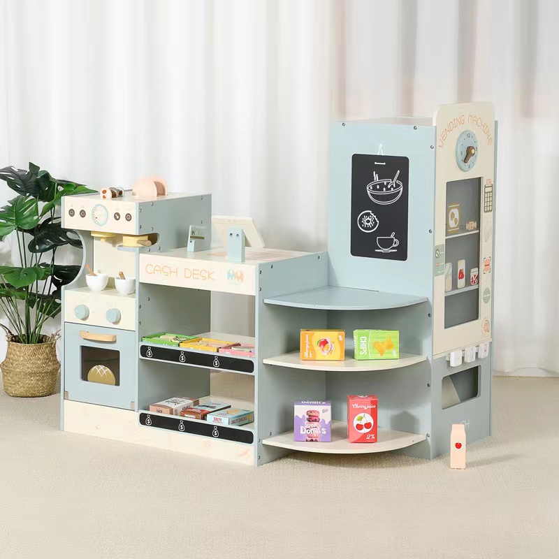 Toy Cash Register - 子供用木製食料品店プレイセット、子供用プレイストア木製スーパーマーケットプレイセット（レジ、コーヒー自動販売機付き）