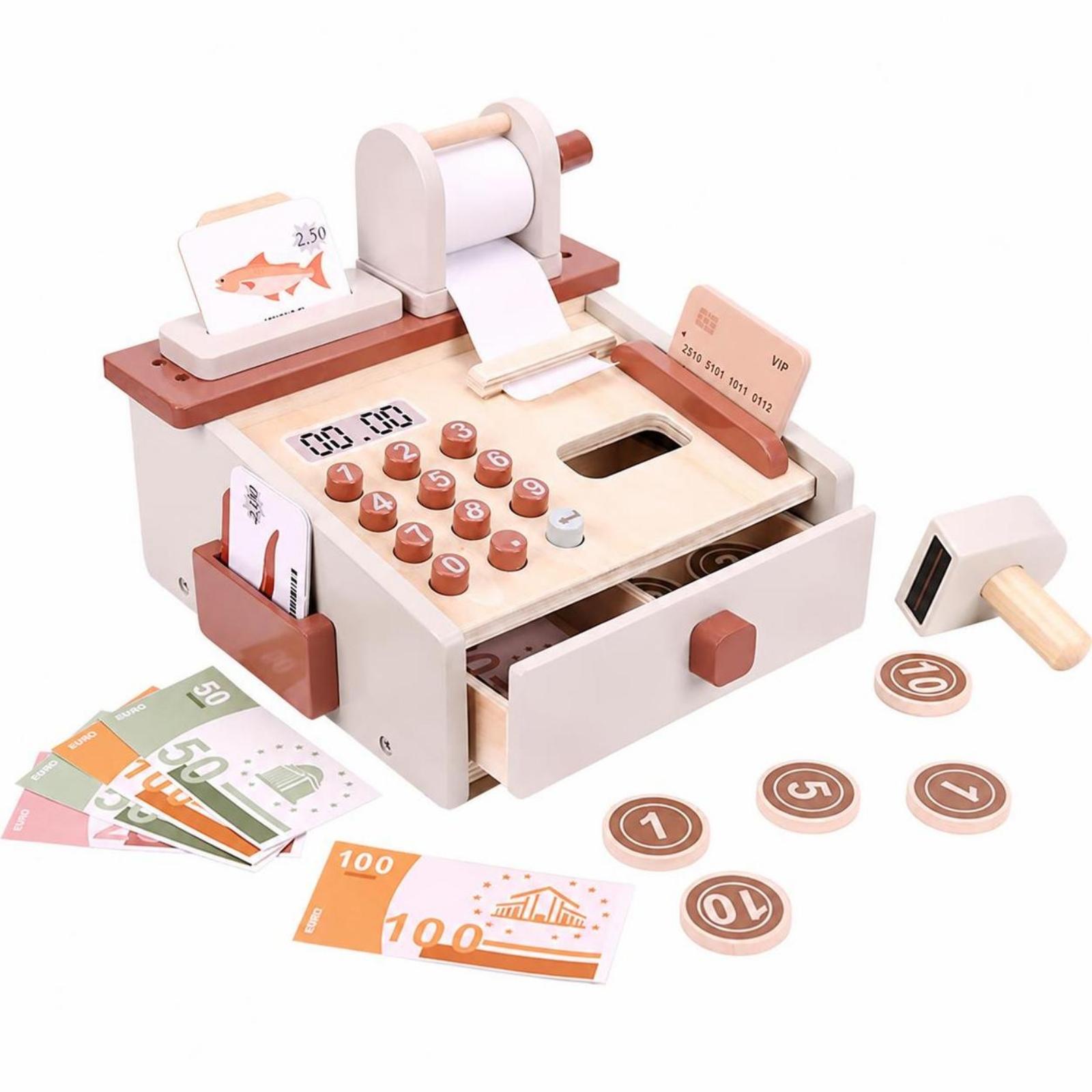 Toy Cash Register - 木製のおもちゃのレジ。スキャナーとおもちゃのお金が付いており、子供たちが数学のスキルを学ぶためのインタラクティブなごっこ遊びができる。