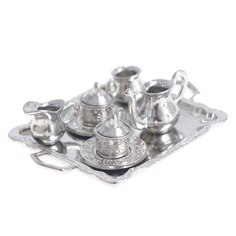 Kids Toys Kitchen Set - ミニチュアシルバーメタルティー & コーヒートレイ,キッチン食器セット,ドールハウスの装飾,子供のおもちゃギフト,1/12ドールハウスモデル,1セットあたり10個