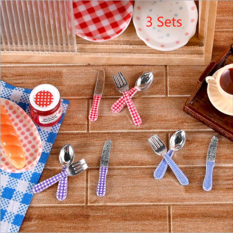 Kids Toys Kitchen Set - 3セット ドールハウス ミニチュア キッチン おもちゃ チェック柄