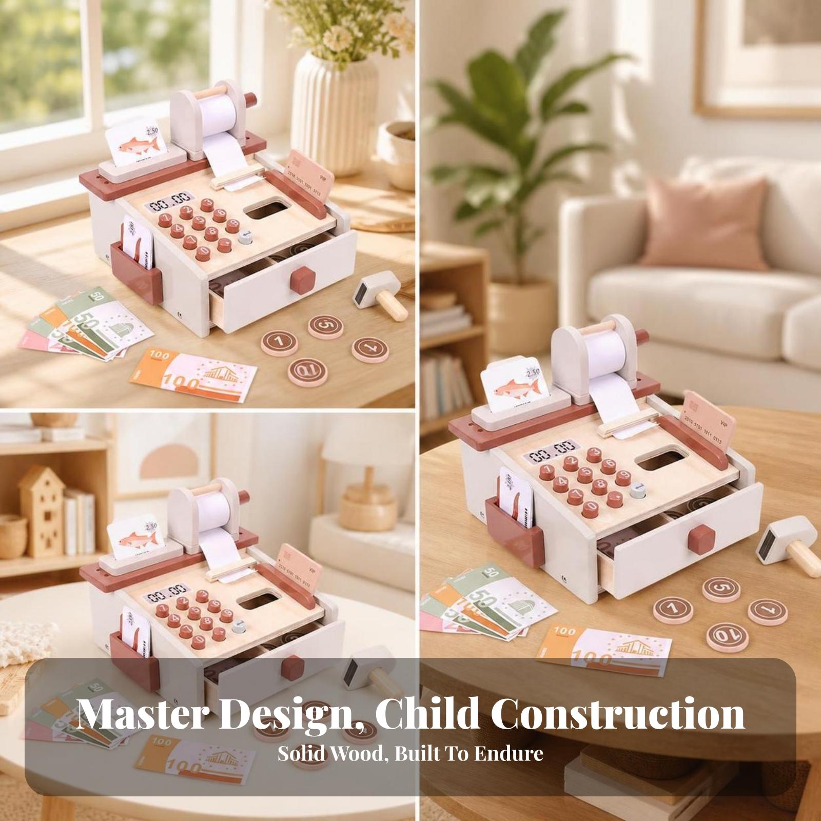 木製のおもちゃのレジ。スキャナーとおもちゃのお金が付いており - Toy Cash Register のレビューと価格