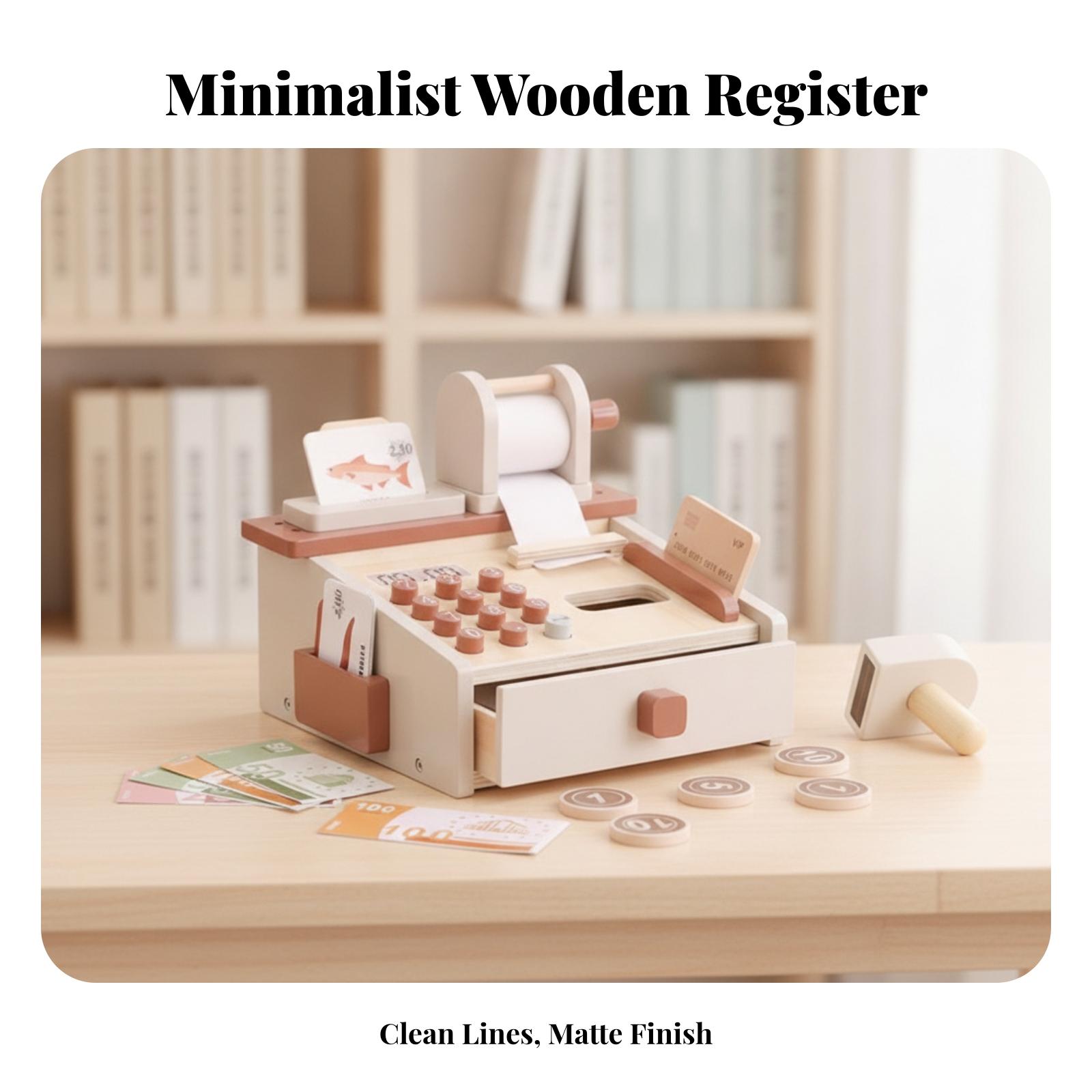 木製のおもちゃのレジ。スキャナーとおもちゃのお金が付いており - Toy Cash Register のレビューと価格