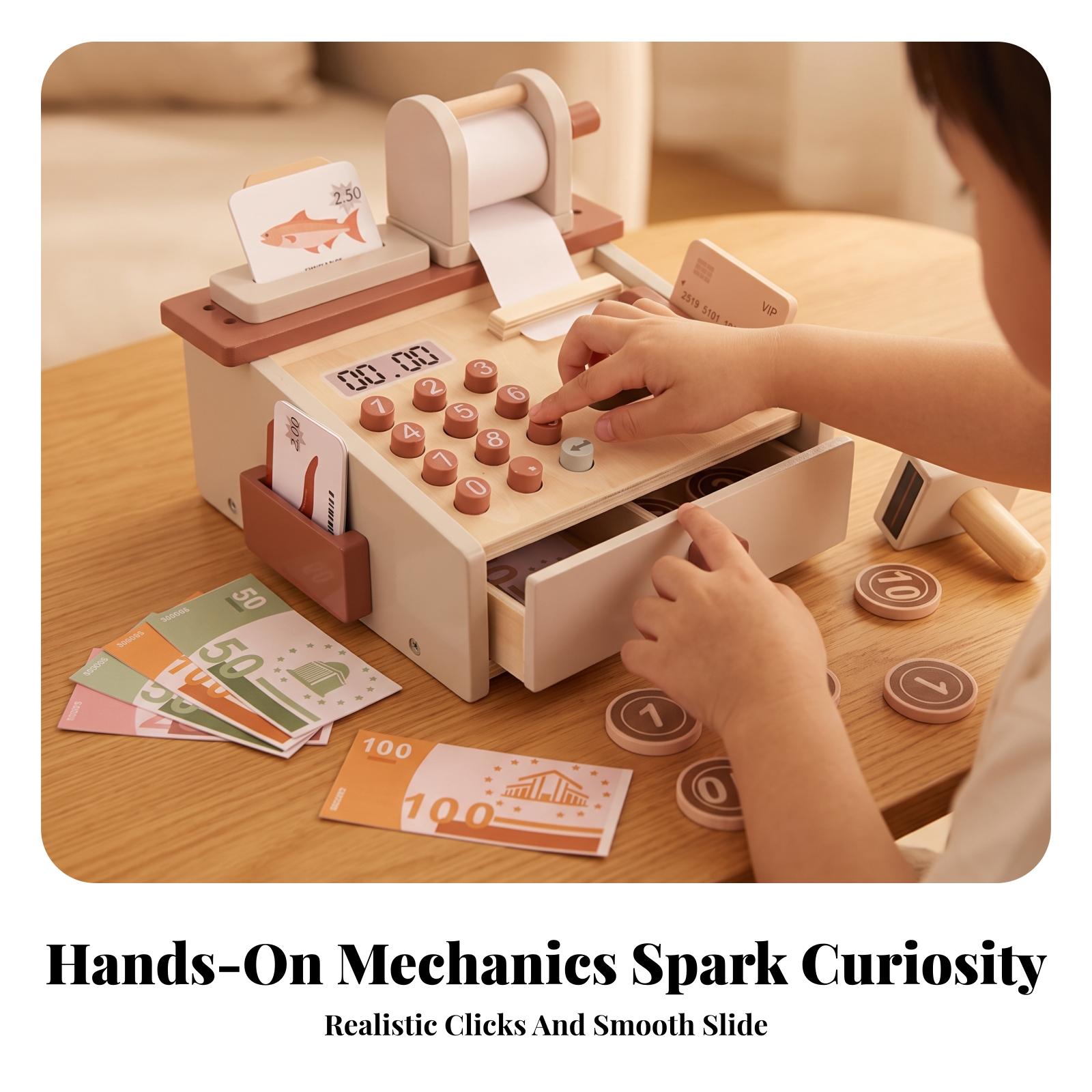 木製のおもちゃのレジ。スキャナーとおもちゃのお金が付いており - Toy Cash Register のレビューと価格